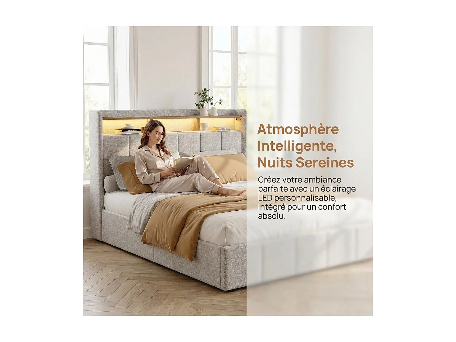 Lit coffre rembourré 140x190 cm - avec LED - prises USB - cuir PU - sommier à lattes - matelas non inclus