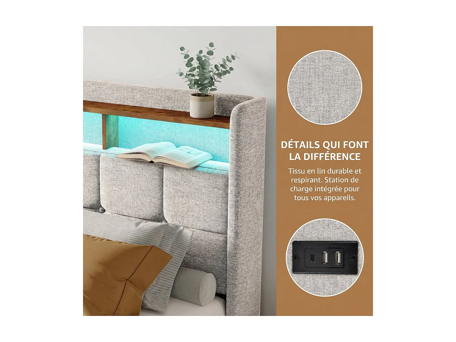 Lit coffre rembourré 140x190 cm - avec LED - prises USB - cuir PU - sommier à lattes - matelas non inclus