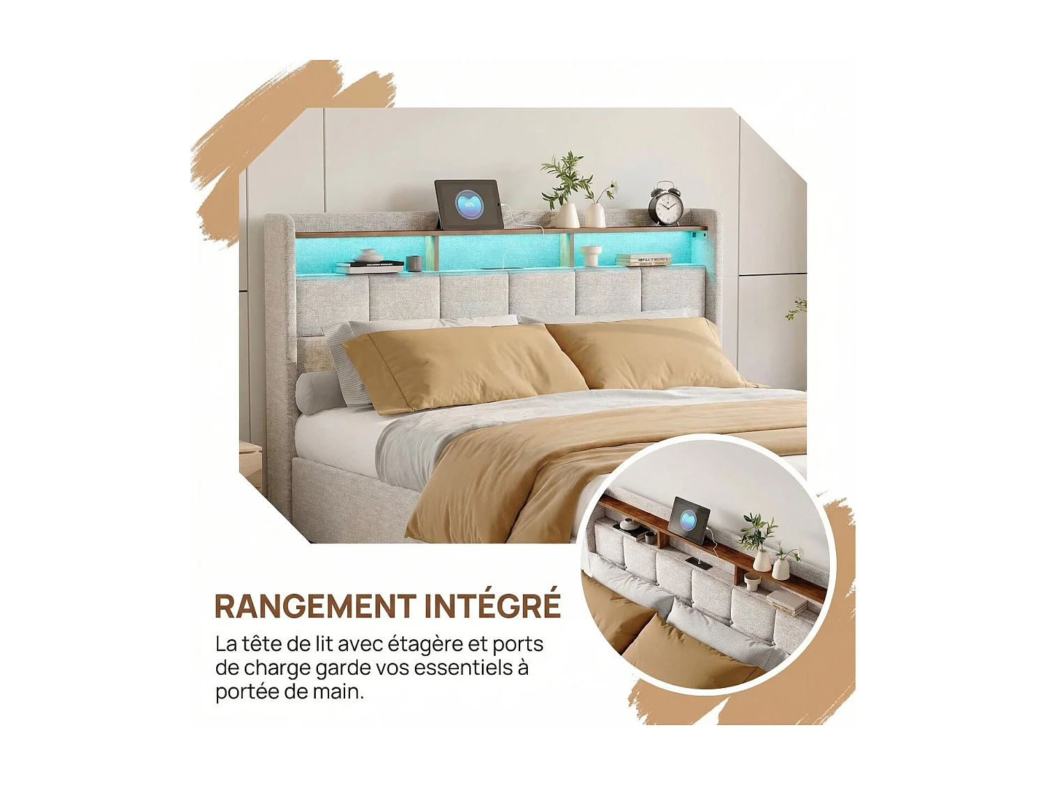 Lit coffre rembourré 140x190 cm - avec LED - prises USB - cuir PU - sommier à lattes - matelas non inclus
