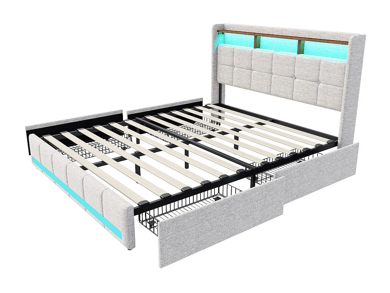 Lit coffre rembourré 140x190 cm - avec LED - prises USB - cuir PU - sommier à lattes - matelas non inclus