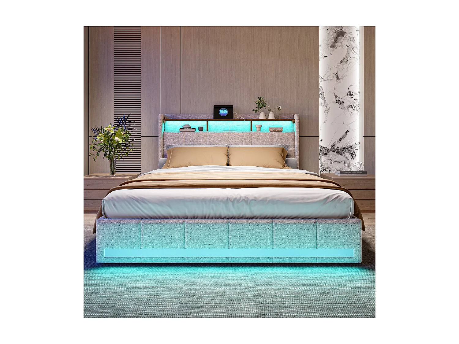 Lit coffre rembourré 140x190 cm - avec LED - prises USB - cuir PU - sommier à lattes - matelas non inclus