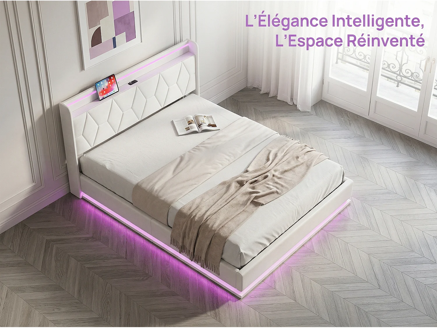 Lit coffre 160x200 cm avec tête de lit - LEDs - Tissu capitonné blanc - Sommier à lattes et espace de rangement