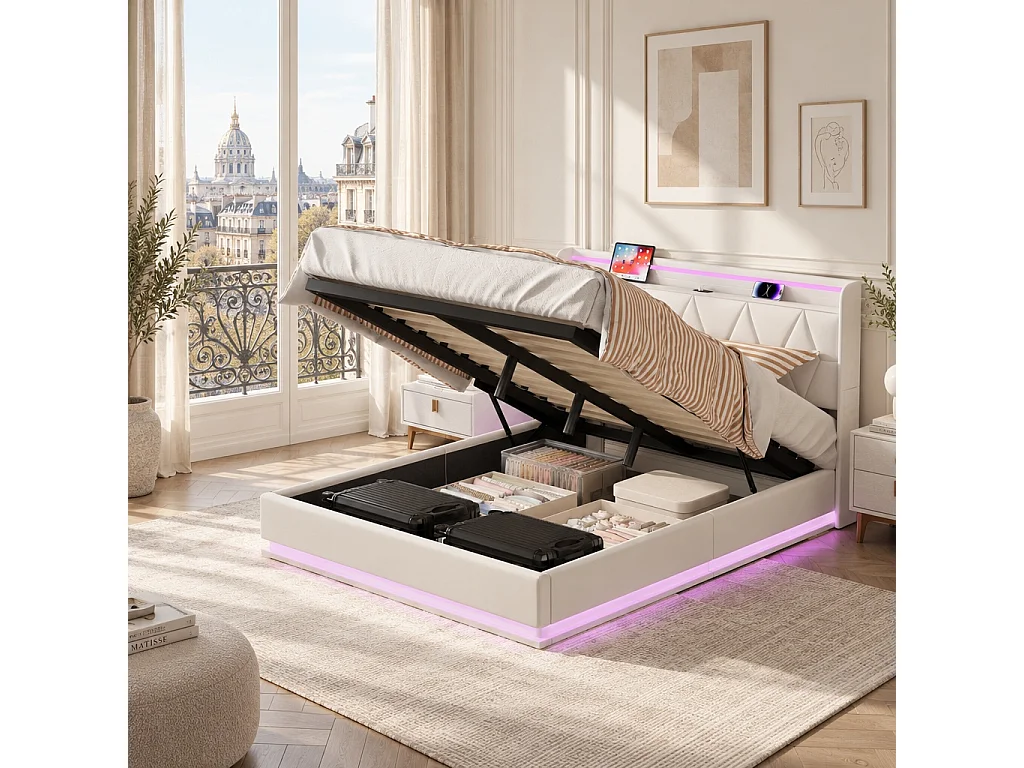 Lit coffre 160x200 cm avec tête de lit - LEDs - Tissu capitonné blanc - Sommier à lattes et espace de rangement