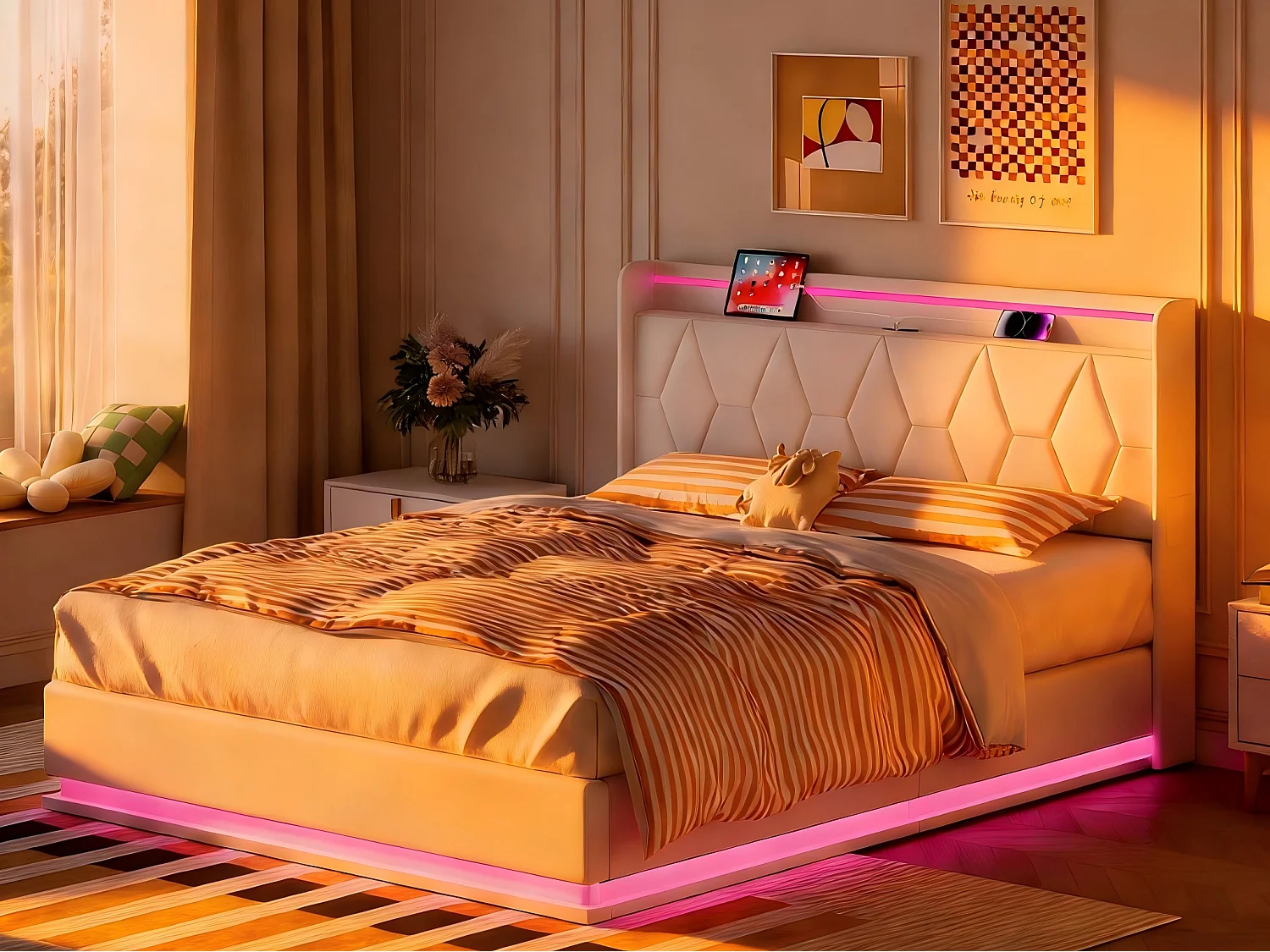 Lit coffre 160x200 cm avec tête de lit - LEDs - Tissu capitonné blanc - Sommier à lattes et espace de rangement