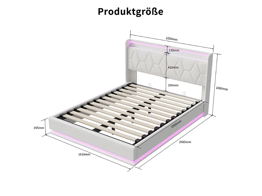 Lit coffre 160x200 cm avec tête de lit - LEDs - Tissu capitonné blanc - Sommier à lattes et espace de rangement