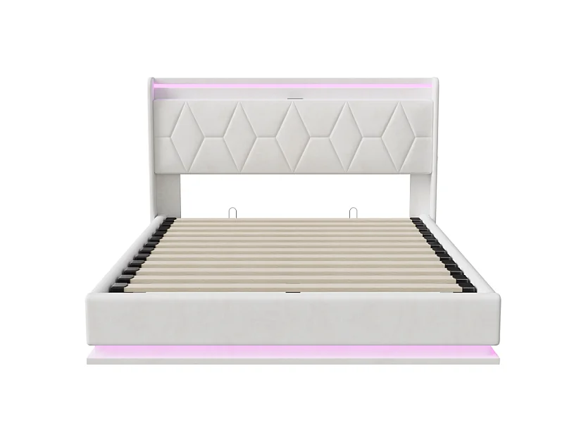 Lit coffre 160x200 cm avec tête de lit - LEDs - Tissu capitonné blanc - Sommier à lattes et espace de rangement