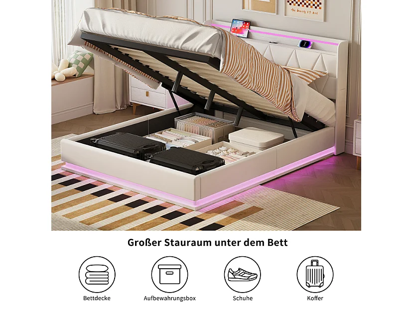 Lit coffre 160x200 cm avec tête de lit - LEDs - Tissu capitonné blanc - Sommier à lattes et espace de rangement