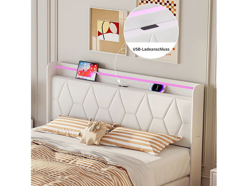 Lit coffre 160x200 cm avec tête de lit - LEDs - Tissu capitonné blanc - Sommier à lattes et espace de rangement