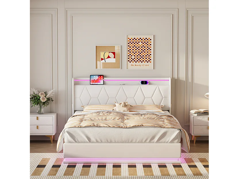 Lit coffre 160x200 cm avec tête de lit - LEDs - Tissu capitonné blanc - Sommier à lattes et espace de rangement