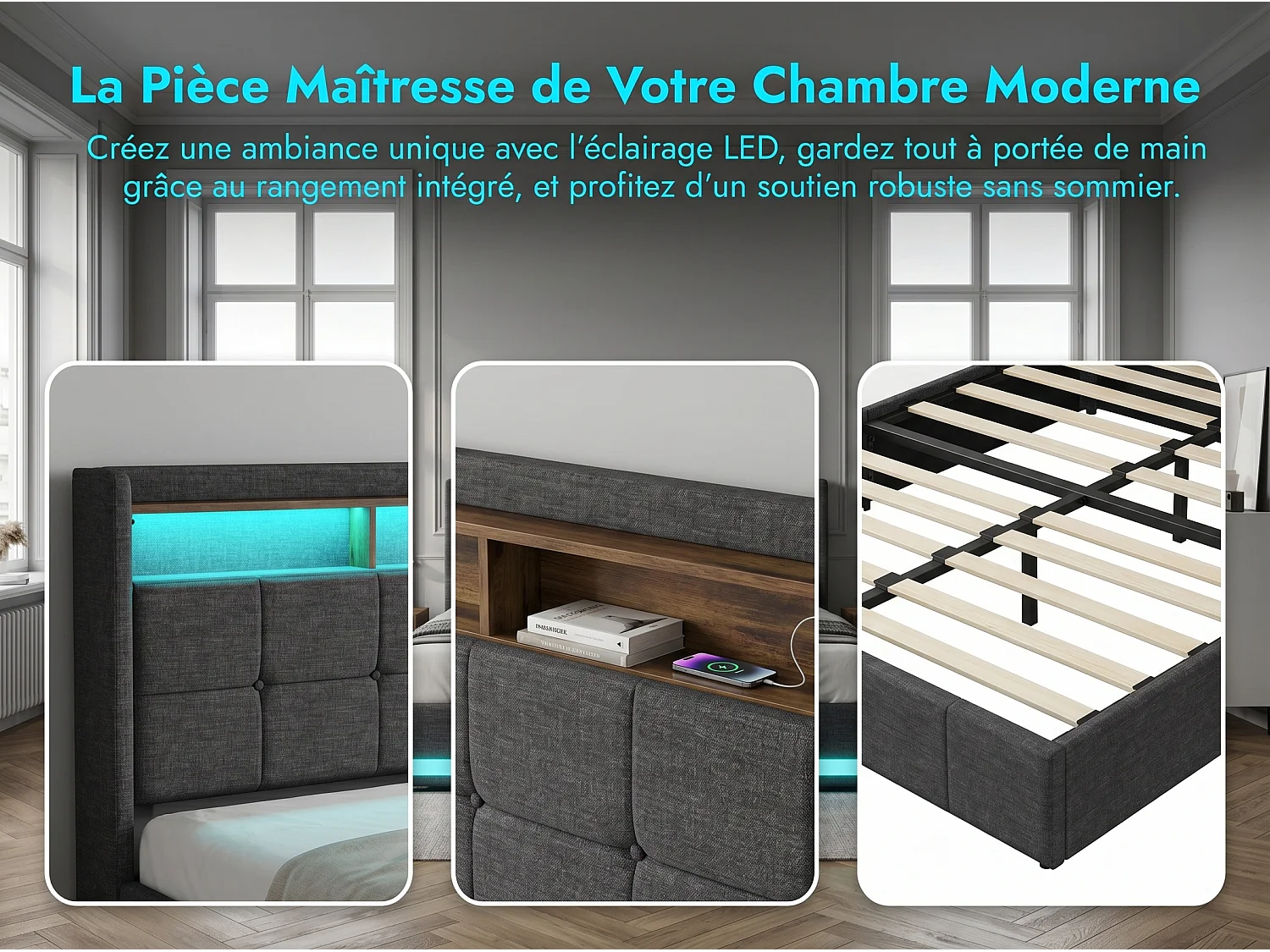 Lit coffre 140x190 cm en cuir PU avec tête de lit, LED, USB et sommier à lattes – Sans matelas