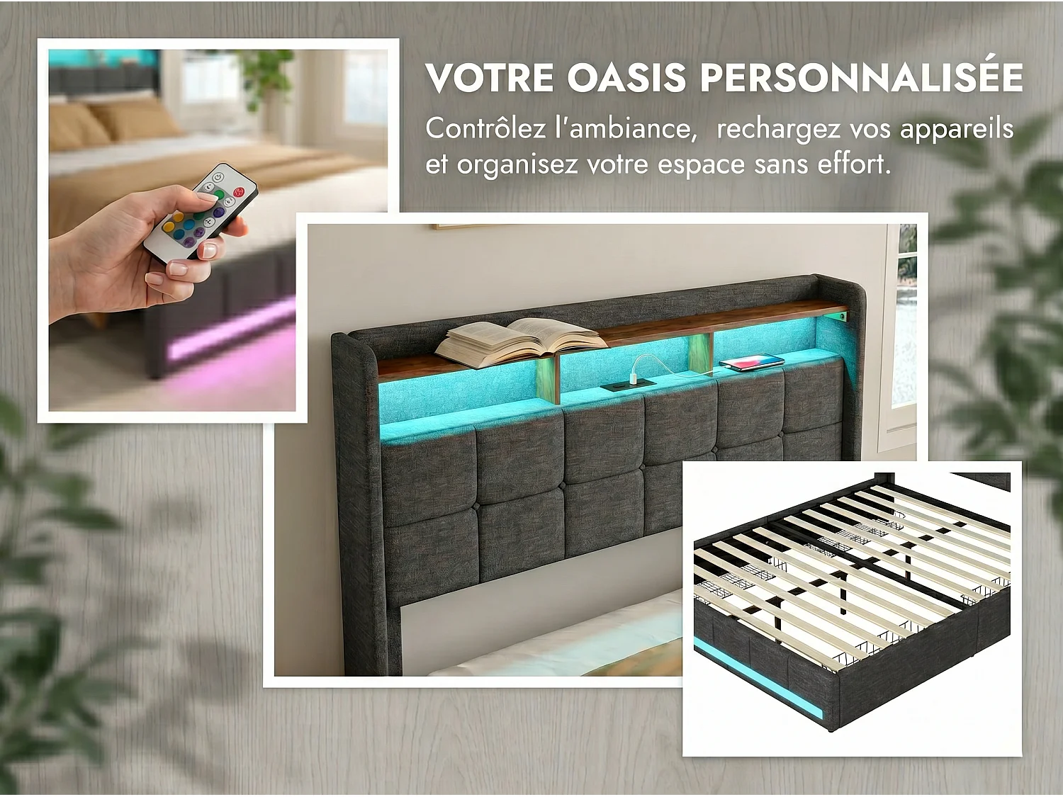 Lit coffre 140x190 cm en cuir PU avec tête de lit, LED, USB et sommier à lattes – Sans matelas