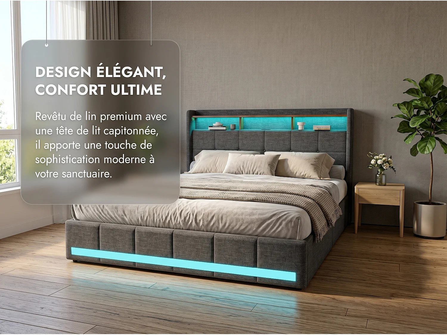 Lit coffre 140x190 cm en cuir PU avec tête de lit, LED, USB et sommier à lattes – Sans matelas