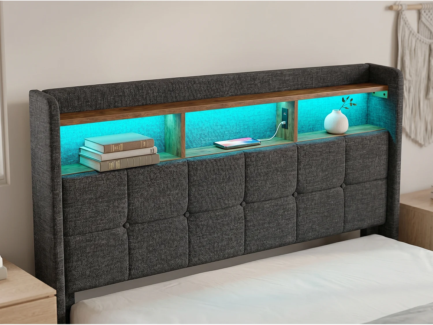Lit coffre 140x190 cm en cuir PU avec tête de lit, LED, USB et sommier à lattes – Sans matelas