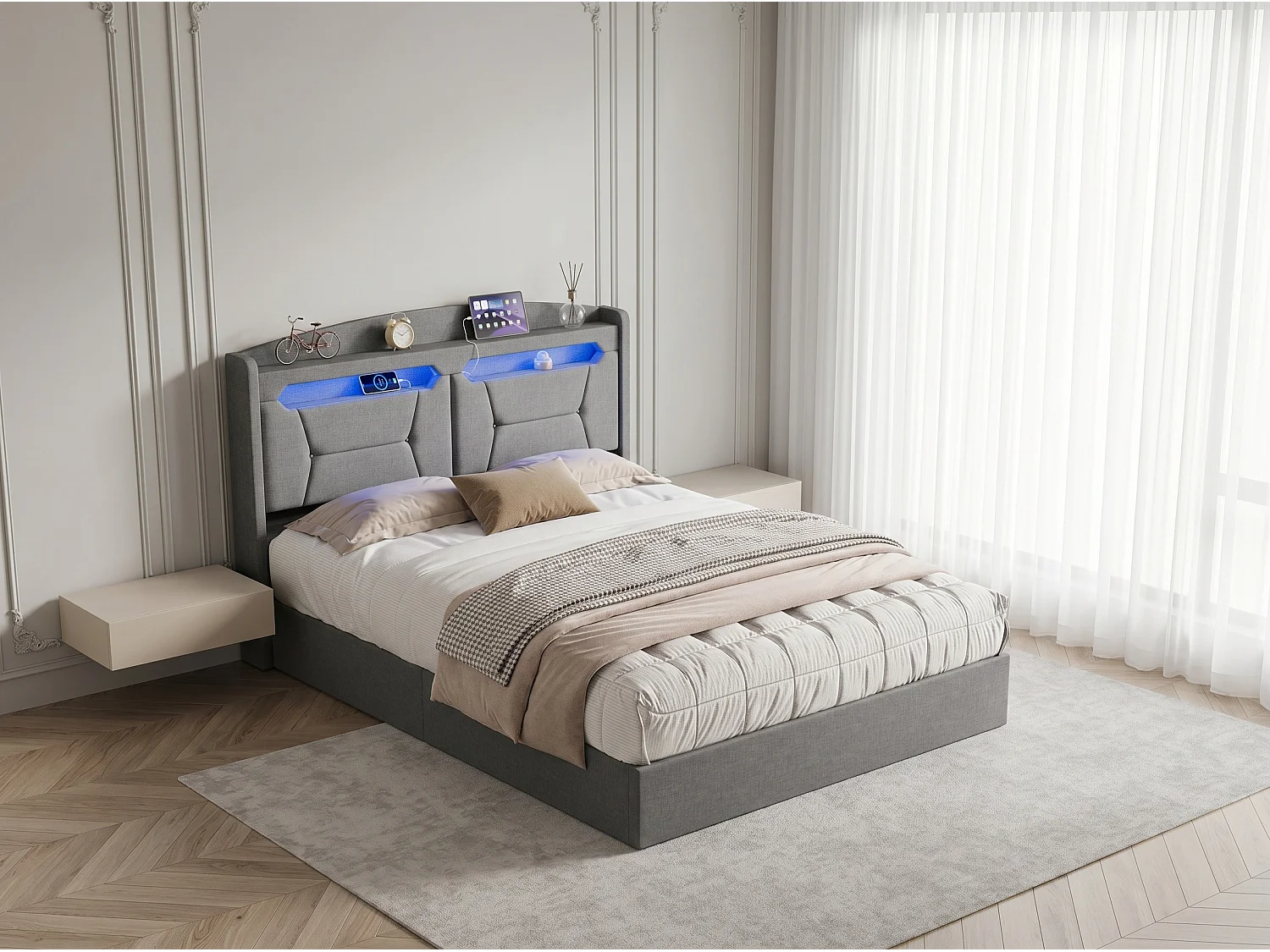 Lit coffre 140x190 cm avec tête de lit - LEDs RGB - Ports USB - Tissu gris - Sommier à lattes et espace de rangement hydraulique