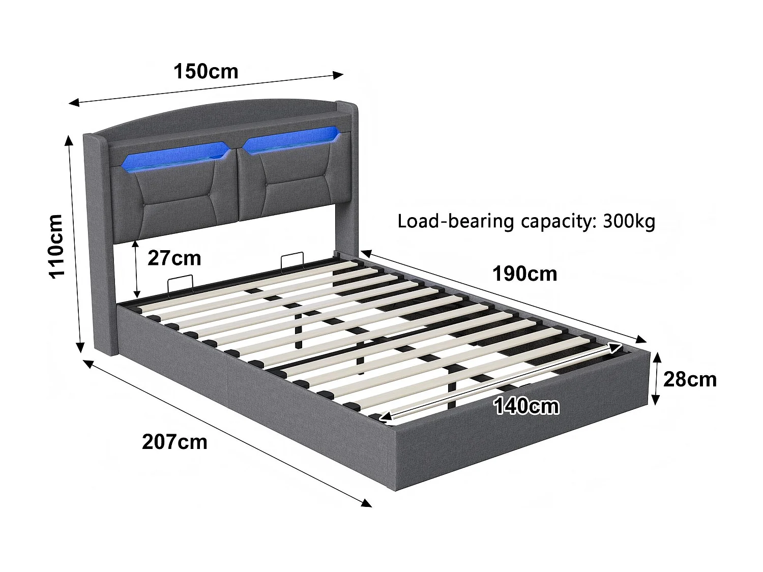 Lit coffre 140x190 cm avec tête de lit - LEDs RGB - Ports USB - Tissu gris - Sommier à lattes et espace de rangement hydraulique