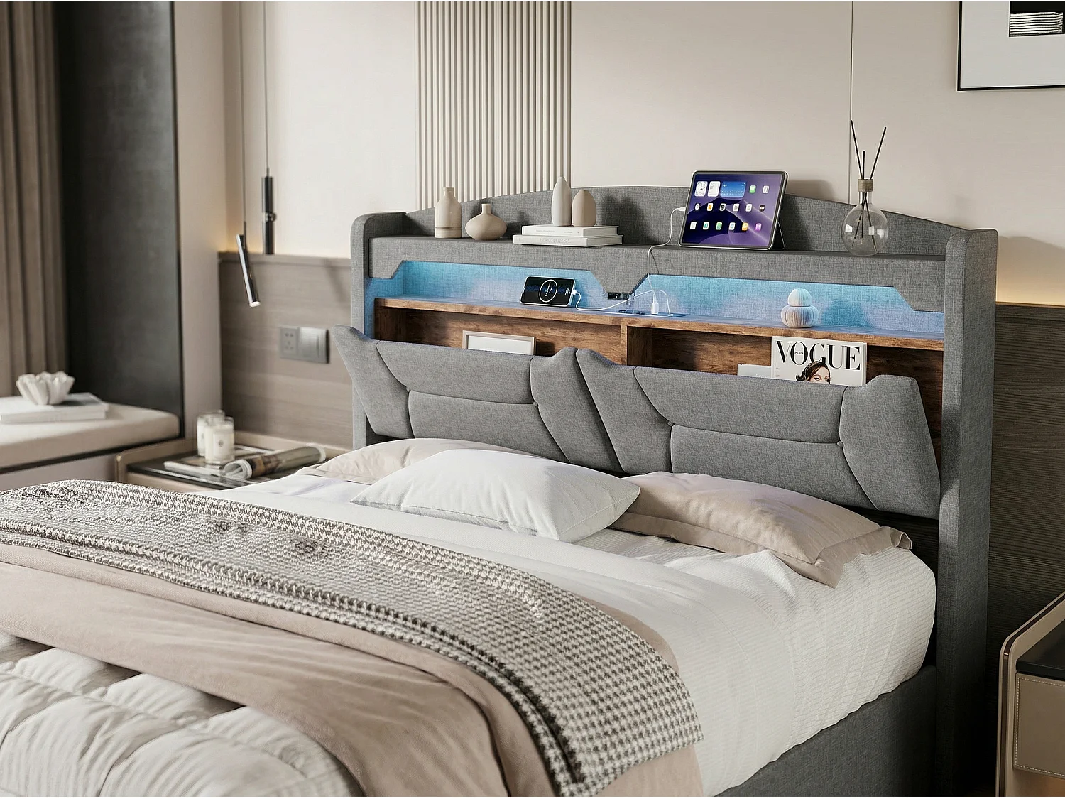 Lit coffre 140x190 cm avec tête de lit - LEDs RGB - Ports USB - Tissu gris - Sommier à lattes et espace de rangement hydraulique