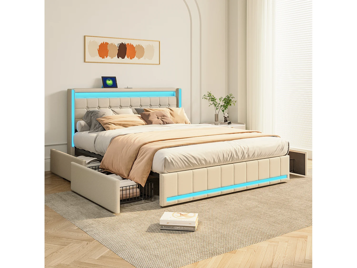 Lit coffre en tissu lin - 180x200cm - avec LED, USB et Type-C - tête de lit avec étagères - Beige