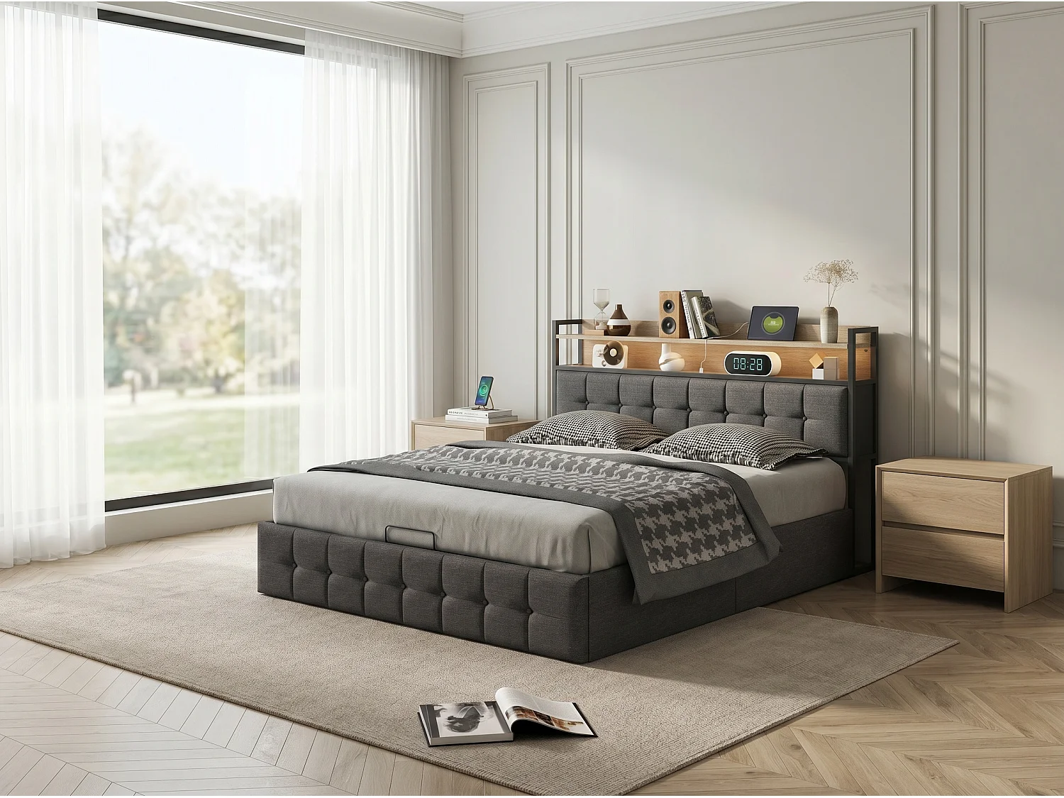 Lit coffre 140x190 cm avec tête de lit - LEDs RGB - Tissu lin gris - Prises et étagère - Sommier à lattes et espace de rangement hydraulique
