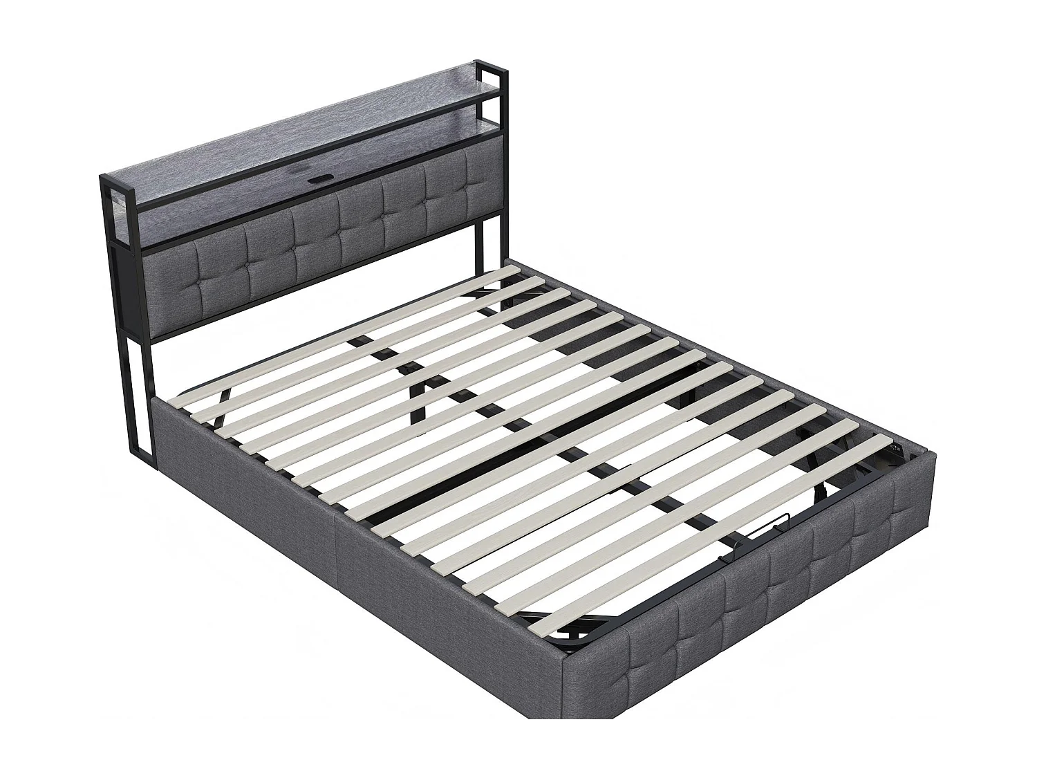 Lit coffre 140x190 cm avec tête de lit - LEDs RGB - Tissu lin gris - Prises et étagère - Sommier à lattes et espace de rangement hydraulique