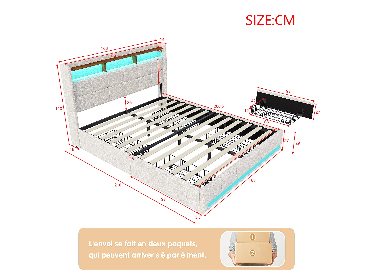 Lit coffre 160 x 200 cm - Cuir PU - LED et USB