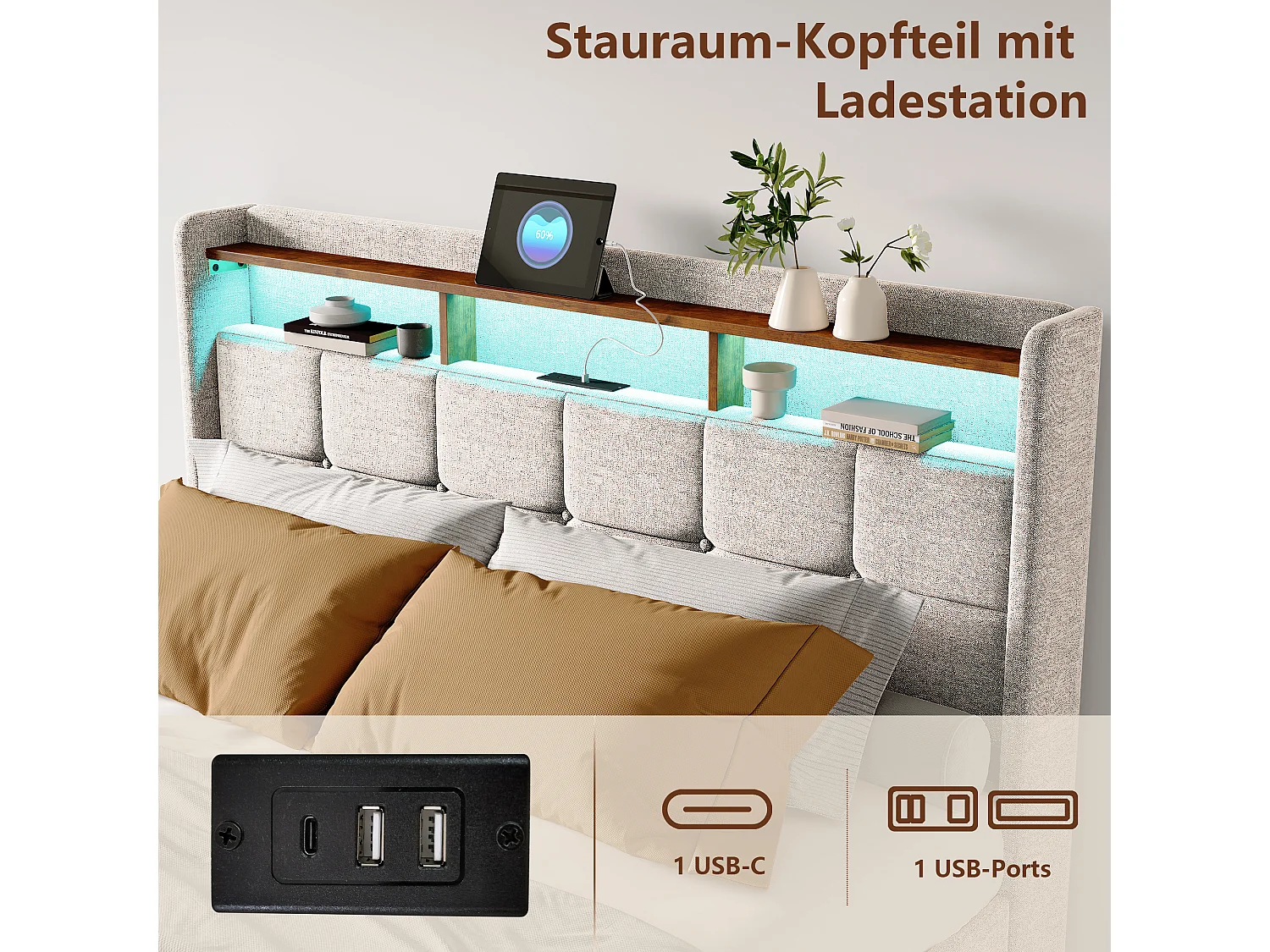 Lit coffre 160 x 200 cm - Cuir PU - LED et USB