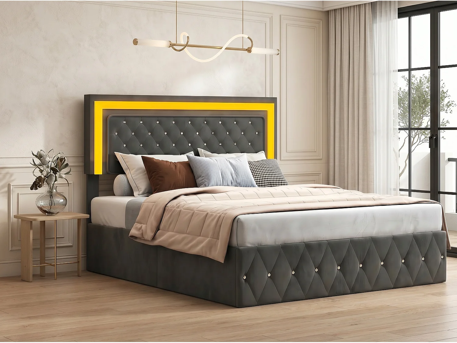 Lit coffre rembourré 160x200 cm - LED intégrée - Velours capitonné - Sommier relevable - Grand rangement