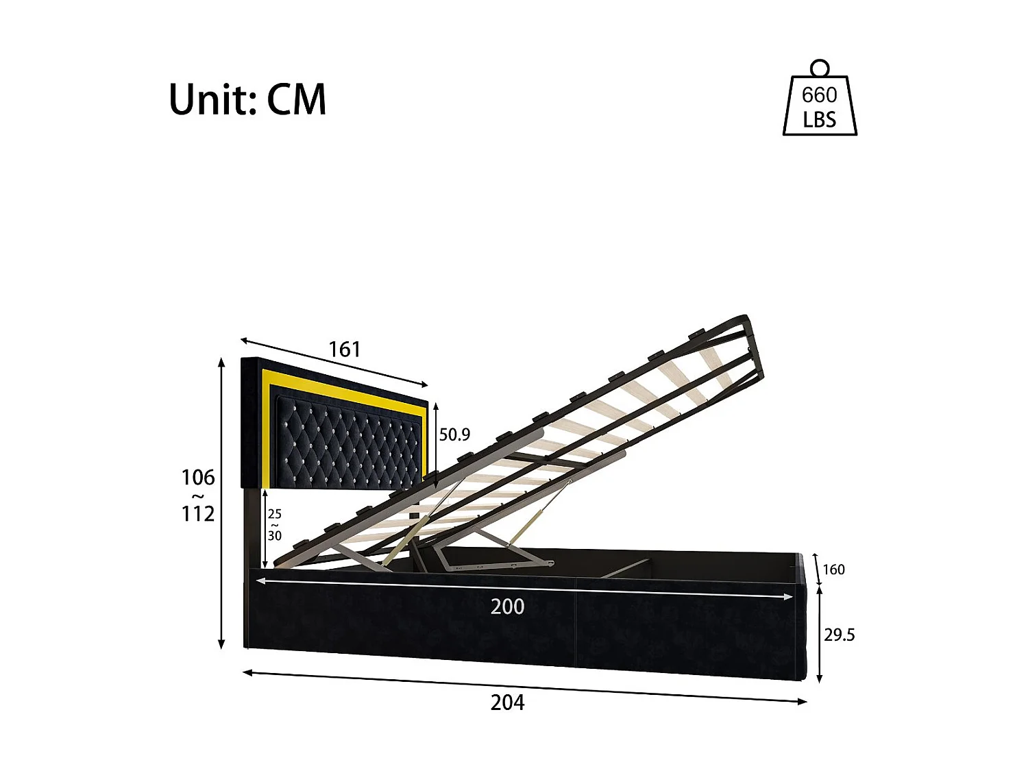 Lit coffre rembourré 160x200 cm - LED intégrée - Velours capitonné - Sommier relevable - Grand rangement