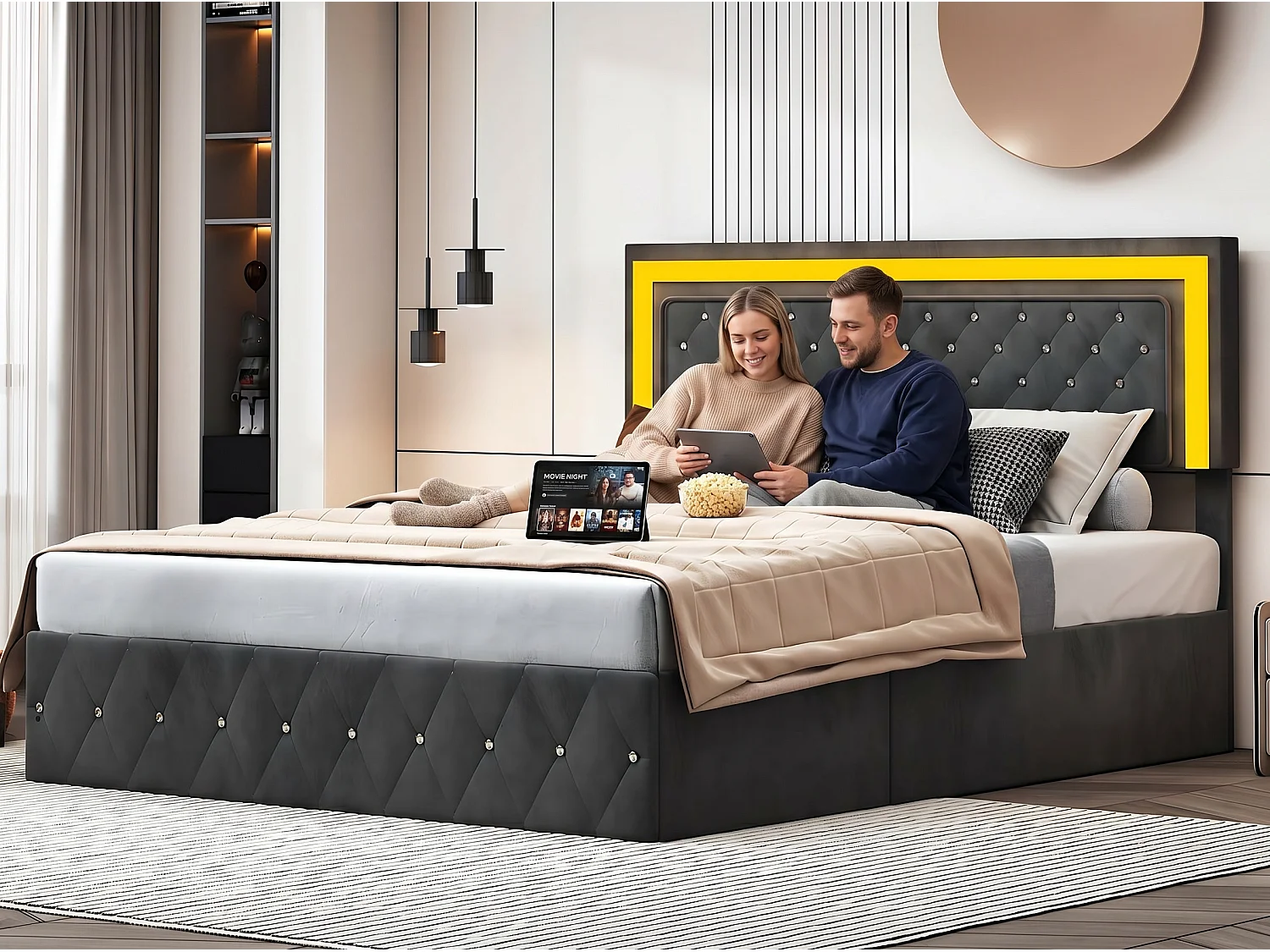 Lit coffre rembourré 160x200 cm - LED intégrée - Velours capitonné - Sommier relevable - Grand rangement
