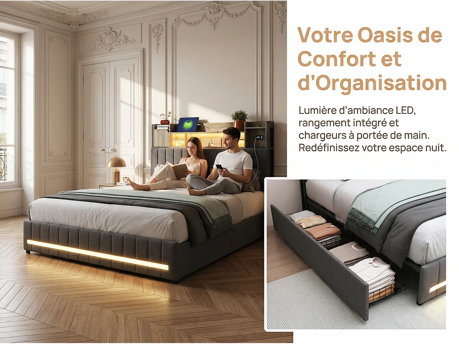 Lit coffre rembourré 140 x 200 cm - Gris - LED, tiroirs et tête de lit avec rangements