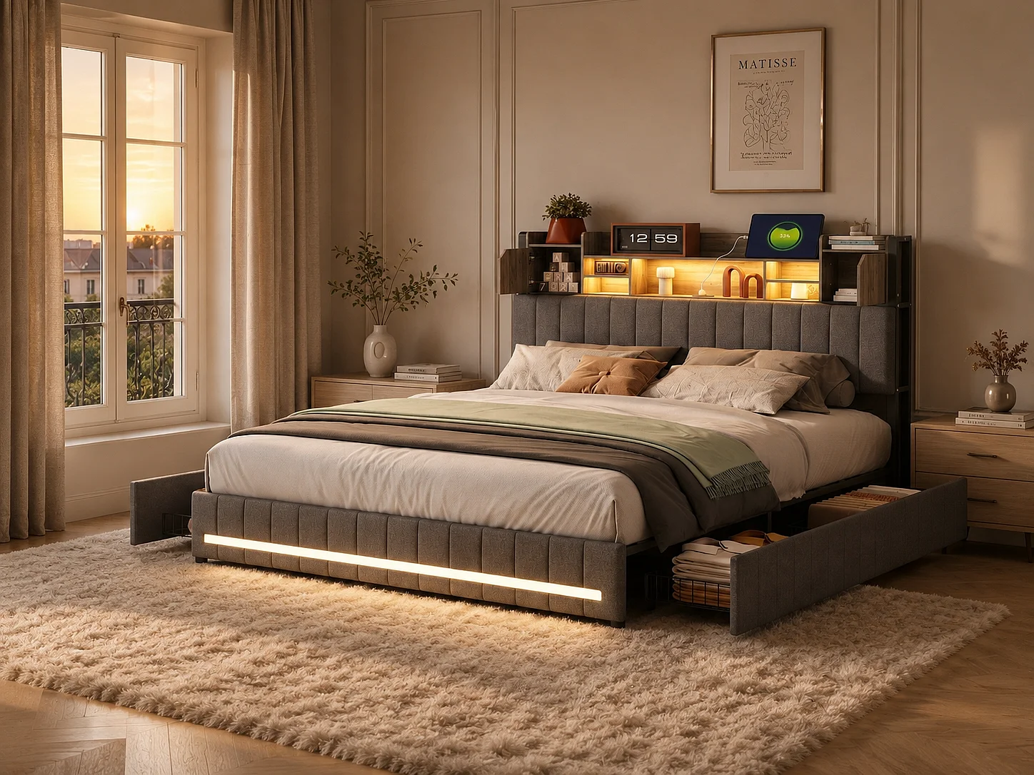 Lit coffre rembourré 140 x 200 cm - Gris - LED, tiroirs et tête de lit avec rangements