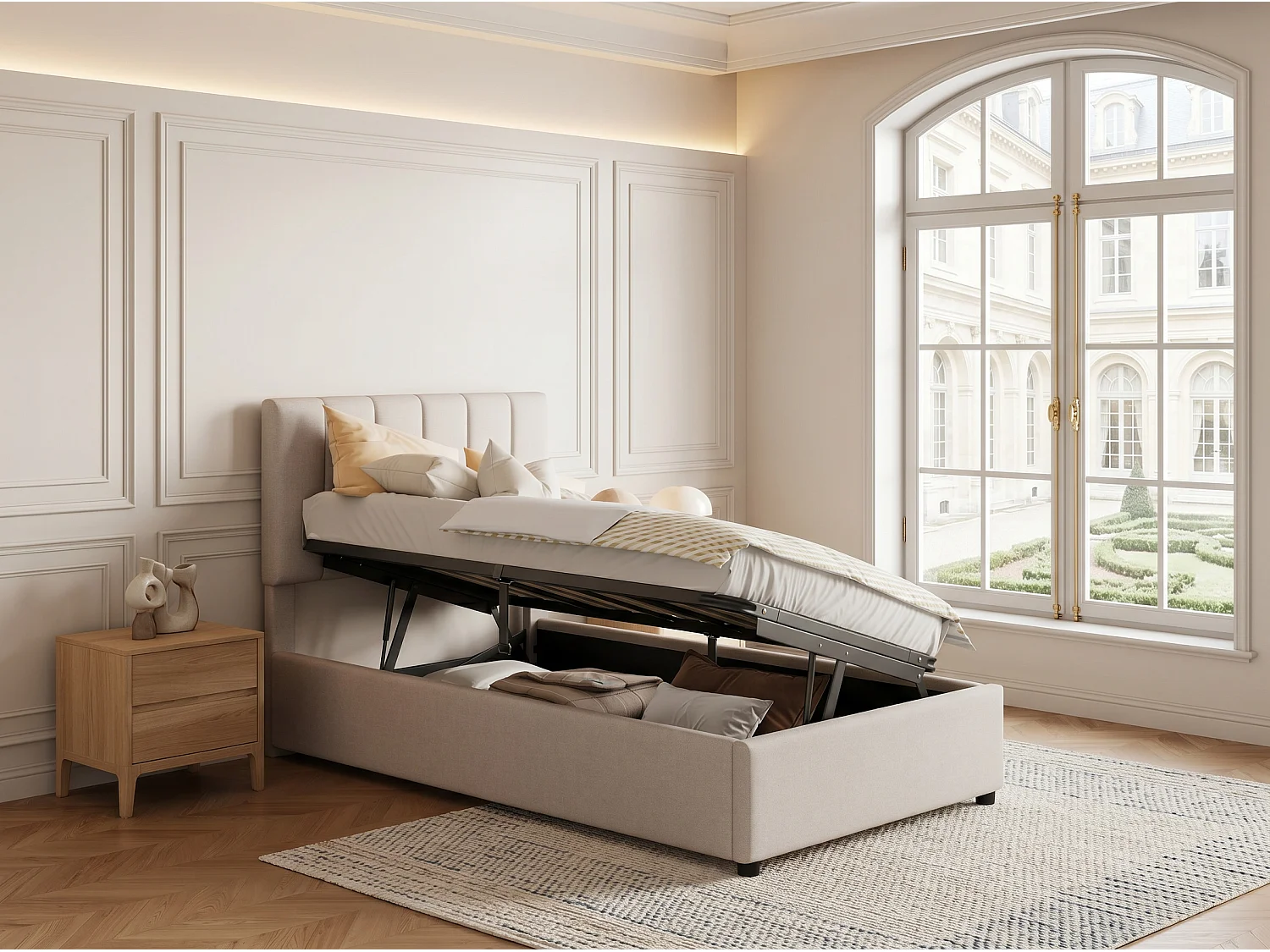 Lit coffre 90 x 200 cm - Tissu lin beige - Rangement hydraulique et tête de lit réglable