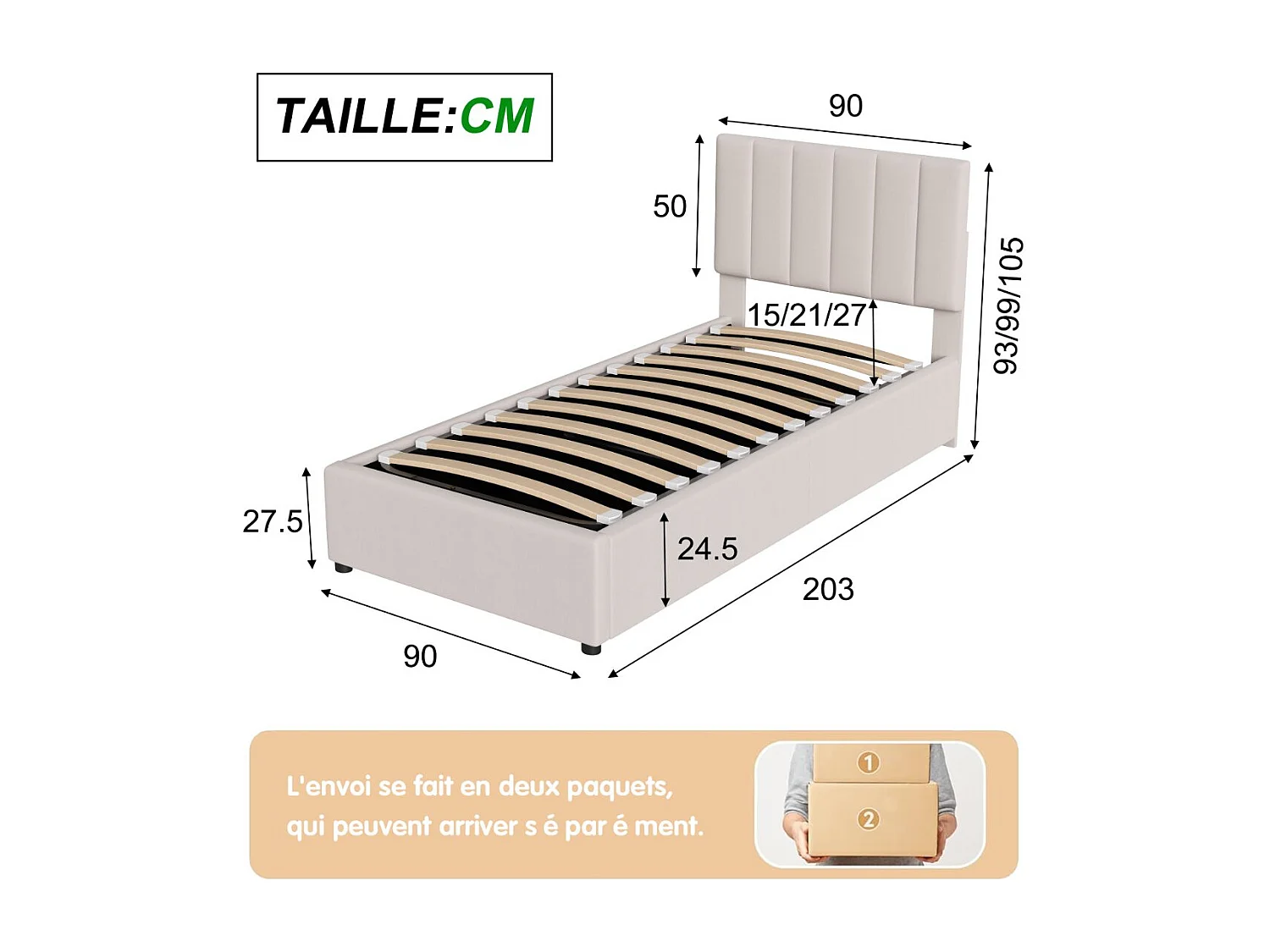 Lit coffre 90 x 200 cm - Tissu lin beige - Rangement hydraulique et tête de lit réglable