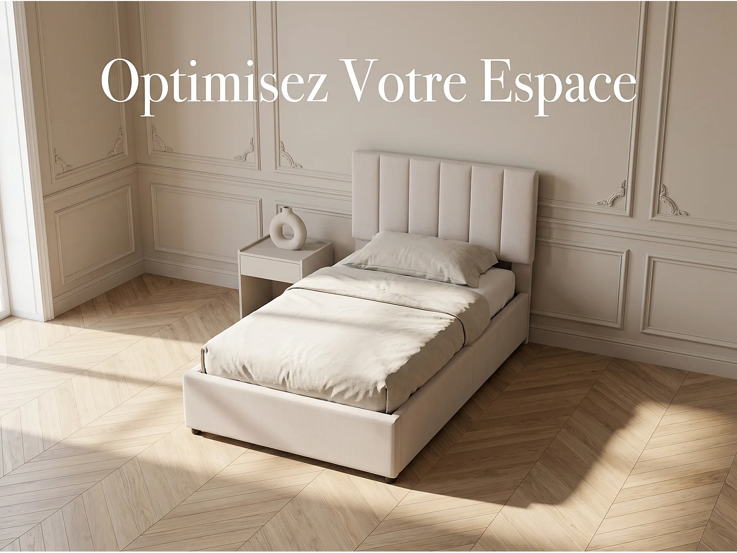 Lit coffre 90 x 200 cm - Tissu lin beige - Rangement hydraulique et tête de lit réglable