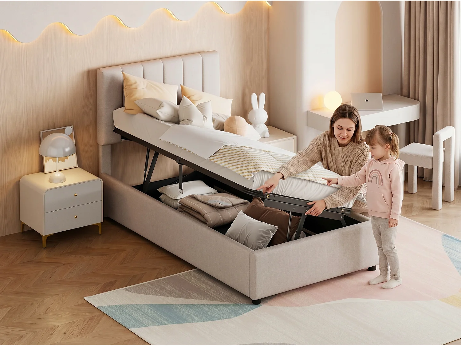 Lit coffre 90 x 200 cm - Tissu lin beige - Rangement hydraulique et tête de lit réglable