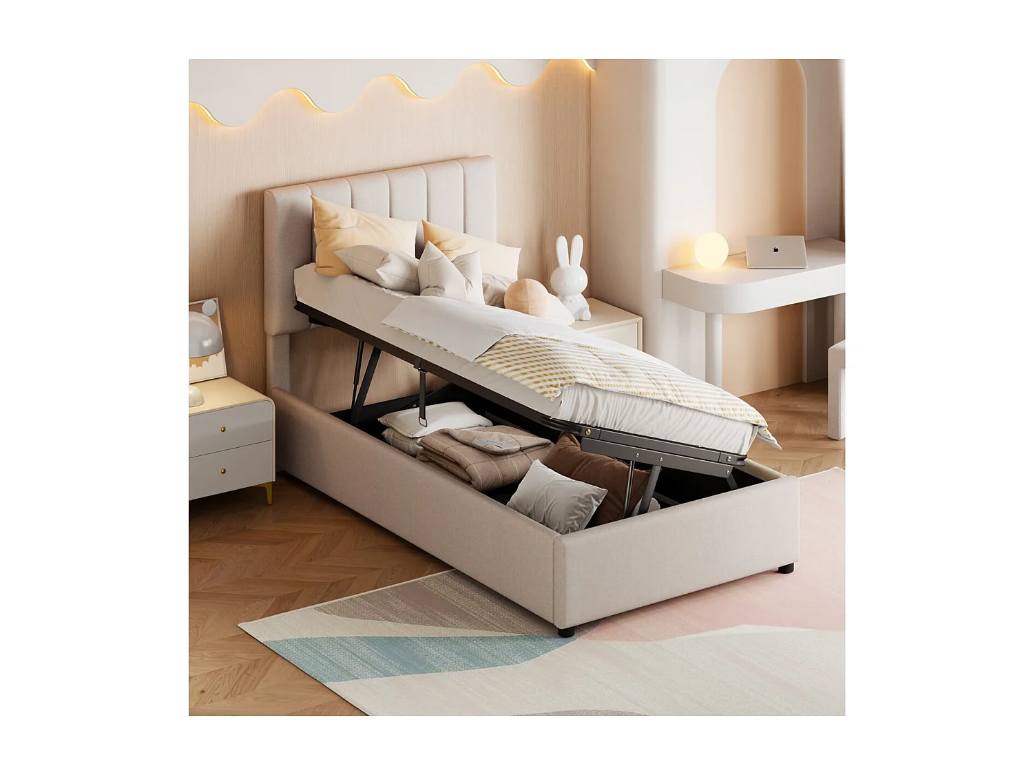 Lit coffre 90 x 200 cm - Tissu lin beige - Rangement hydraulique et tête de lit réglable