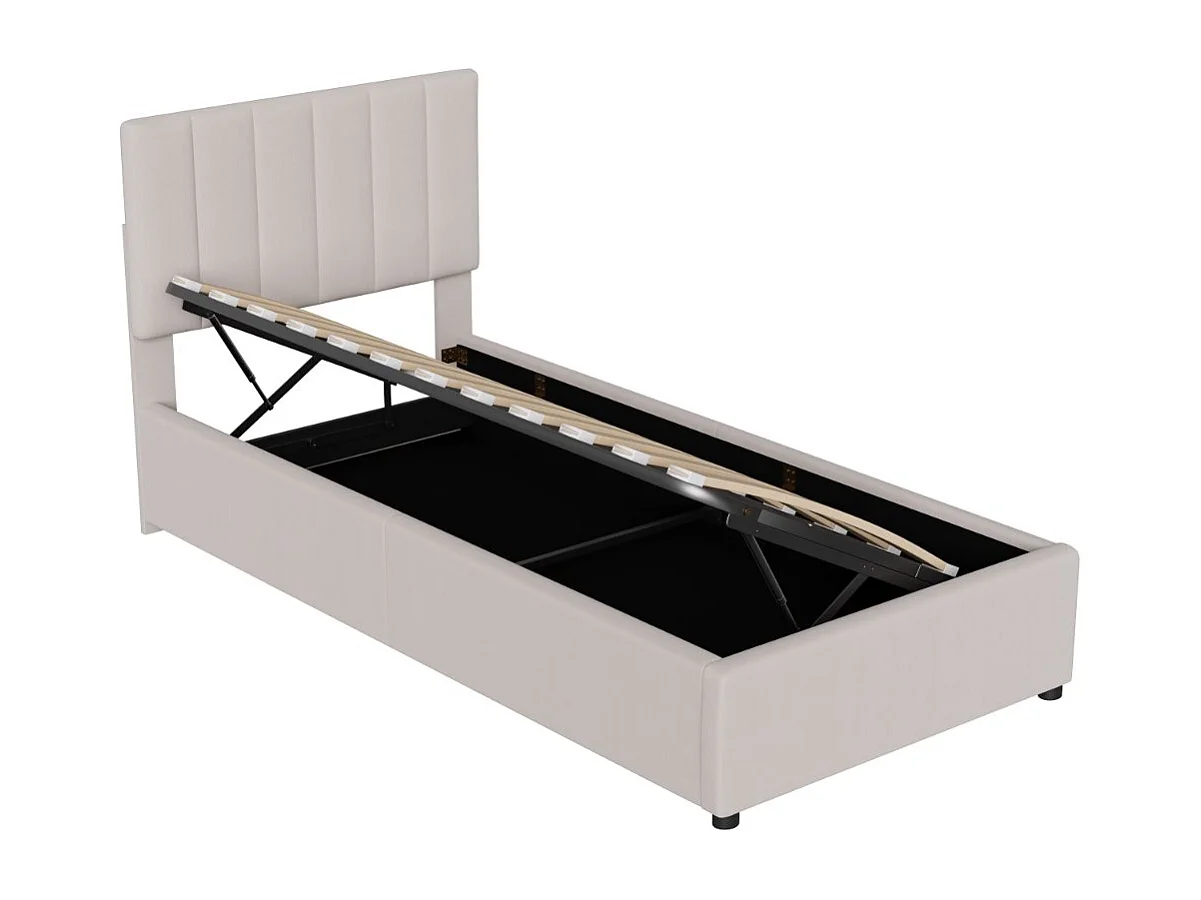 Lit coffre 90 x 200 cm - Tissu lin beige - Rangement hydraulique et tête de lit réglable