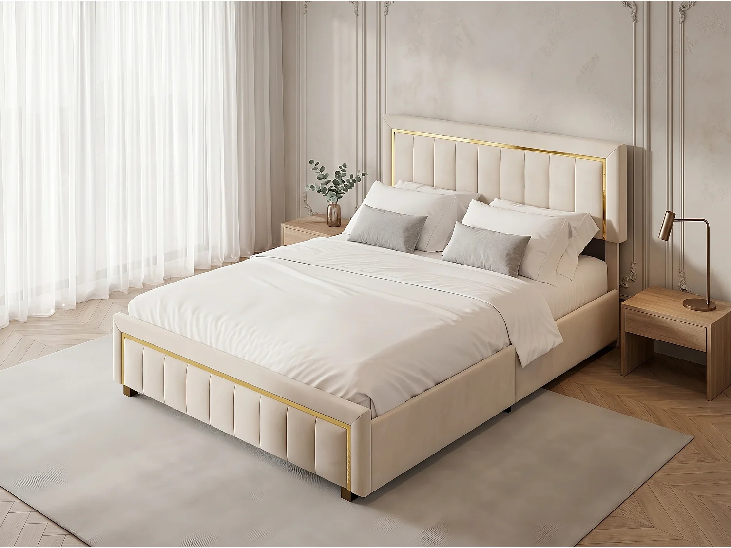 Lit coffre 140x190 cm avec tête de lit capitonnée - Velours - Finition dorée - Sommier à lattes et espace de rangement hydraulique