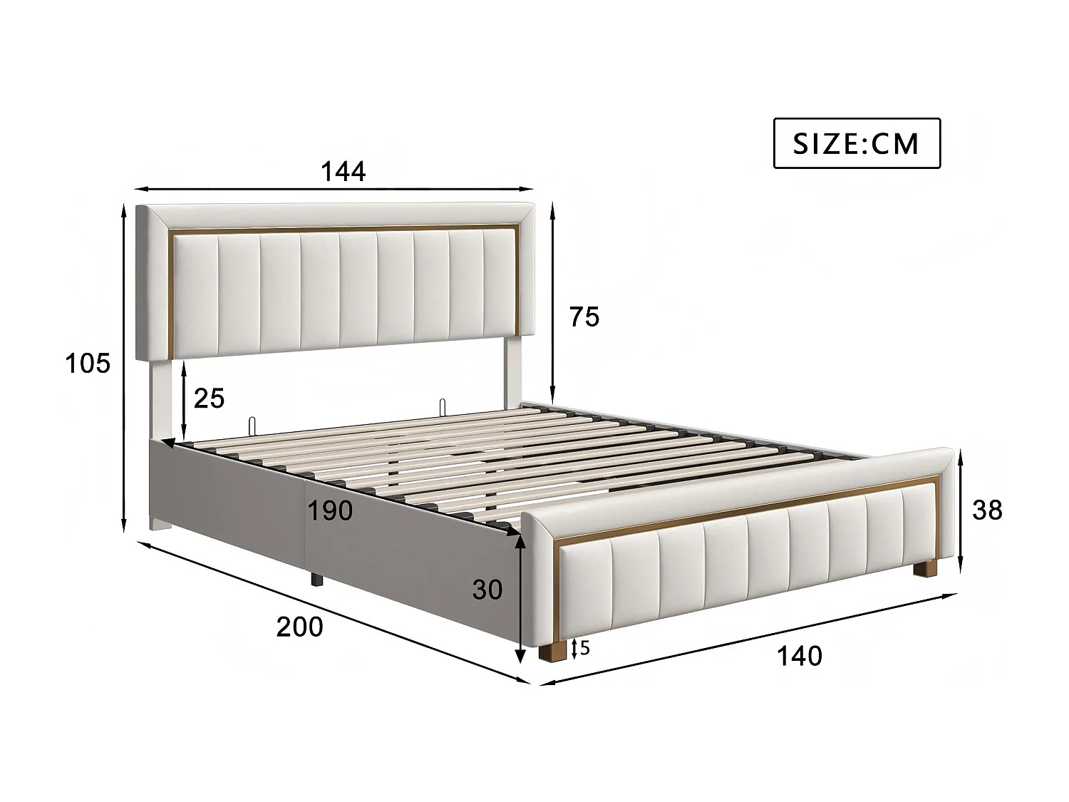 Lit coffre 140x190 cm avec tête de lit capitonnée - Velours - Finition dorée - Sommier à lattes et espace de rangement hydraulique