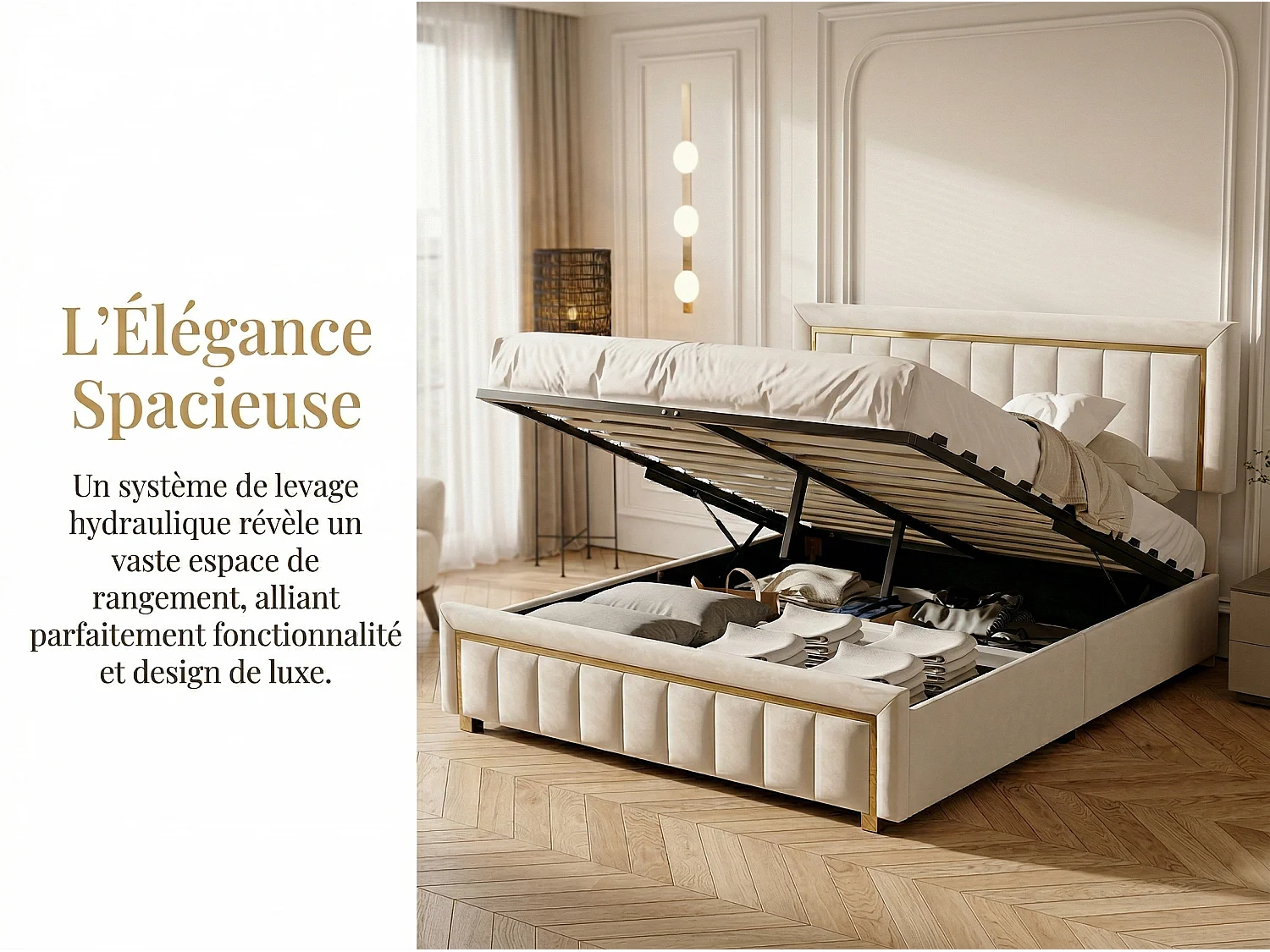 Lit coffre 140x190 cm avec tête de lit capitonnée - Velours - Finition dorée - Sommier à lattes et espace de rangement hydraulique