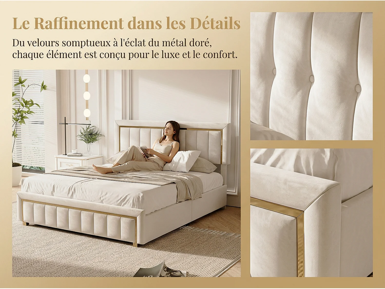 Lit coffre 140x190 cm avec tête de lit capitonnée - Velours - Finition dorée - Sommier à lattes et espace de rangement hydraulique
