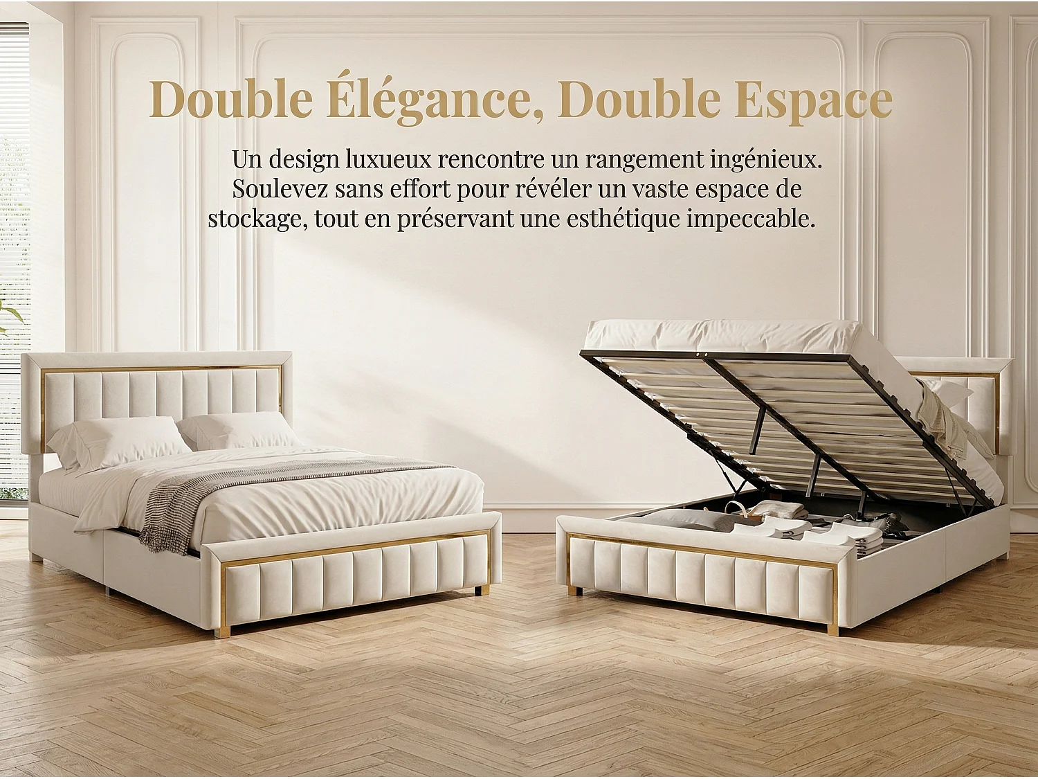 Lit coffre 140x190 cm avec tête de lit capitonnée - Velours - Finition dorée - Sommier à lattes et espace de rangement hydraulique