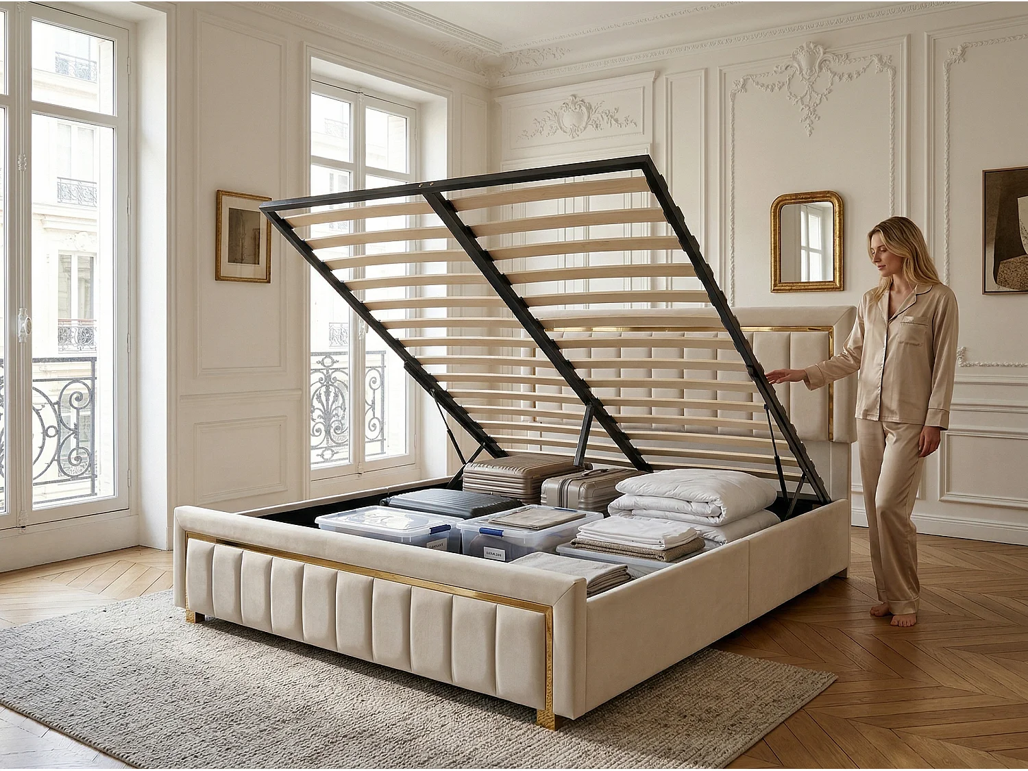 Lit coffre 140x190 cm avec tête de lit capitonnée - Velours - Finition dorée - Sommier à lattes et espace de rangement hydraulique