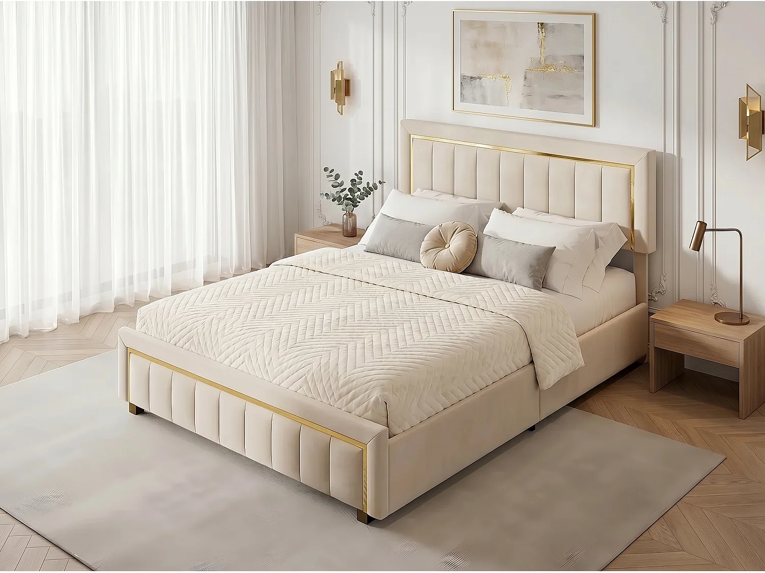 Lit coffre 140x190 cm avec tête de lit capitonnée - Velours - Finition dorée - Sommier à lattes et espace de rangement hydraulique