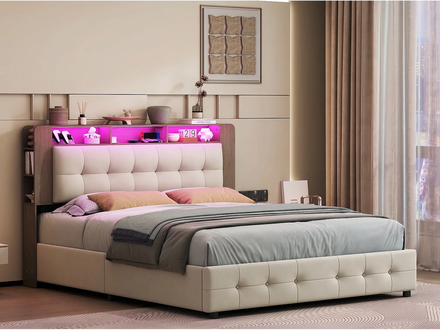 Lit coffre 140 x 200 cm avec tête de lit - LED, étagères, rangements latéraux et rangement