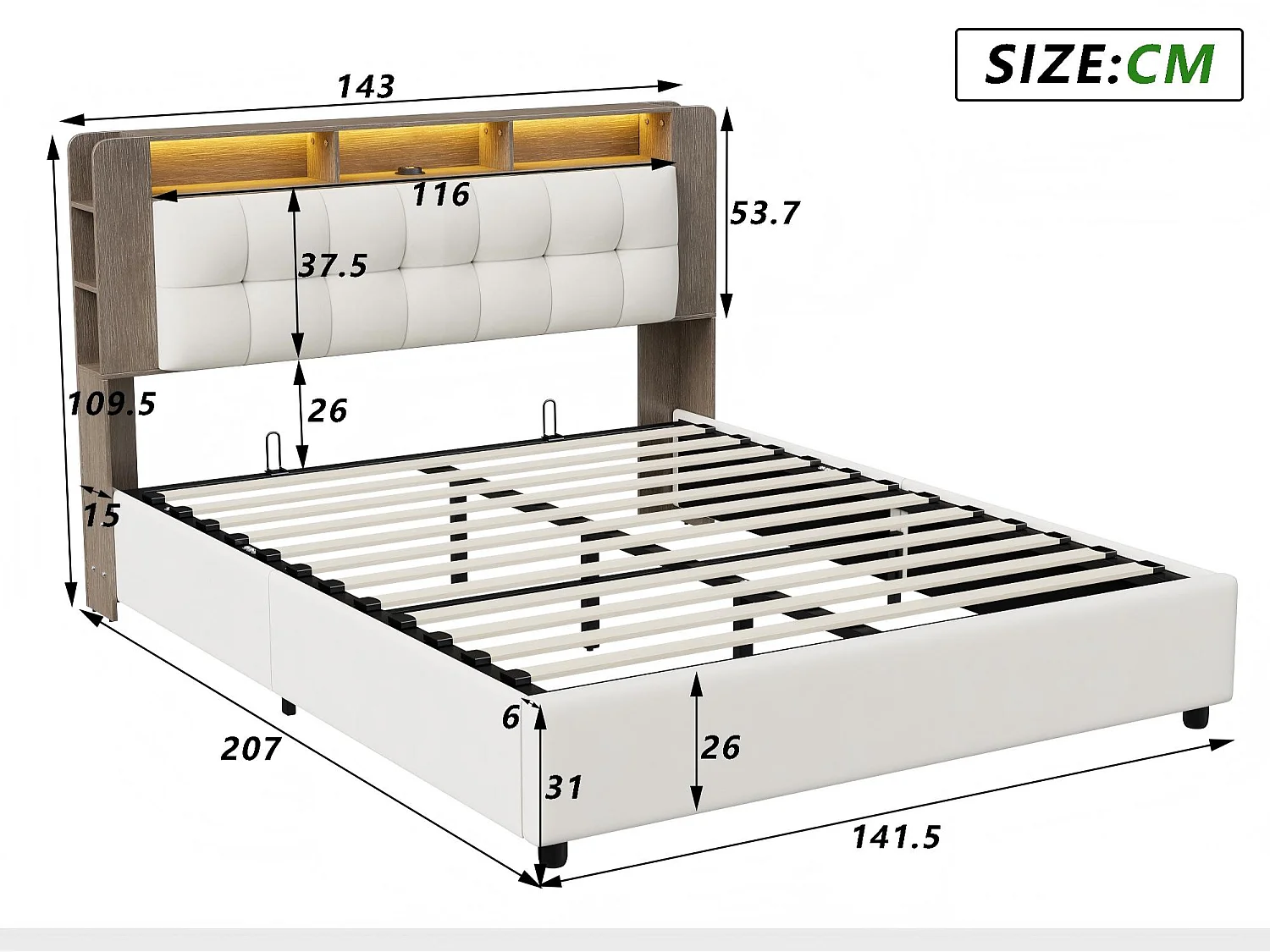Lit coffre 140 x 200 cm avec tête de lit - LED, étagères, rangements latéraux et rangement