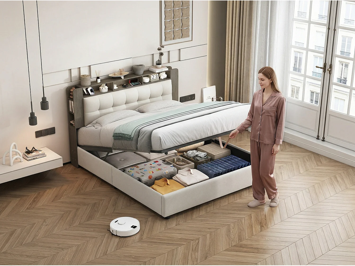 Lit coffre 140 x 200 cm avec tête de lit - LED, étagères, rangements latéraux et rangement