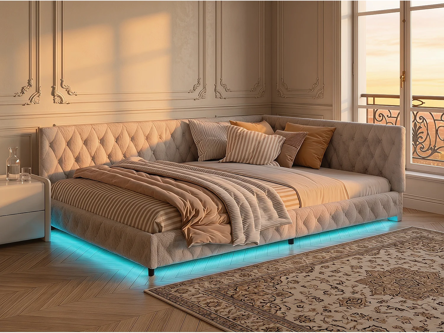 Lit coffre 140x200 cm LED RGB sous-lit, lit capitonné avec USB, sommier à lattes