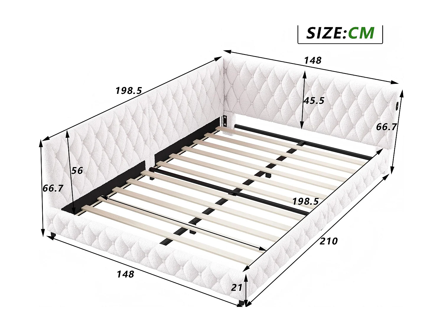 Lit coffre 140x200 cm LED RGB sous-lit, lit capitonné avec USB, sommier à lattes