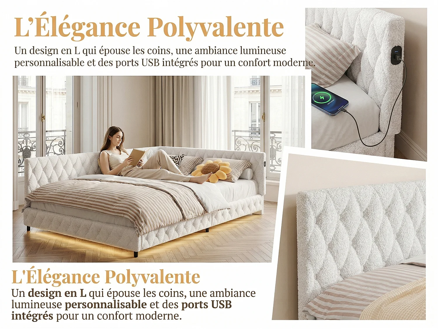 Lit coffre 140x200 cm LED RGB sous-lit, lit capitonné avec USB, sommier à lattes