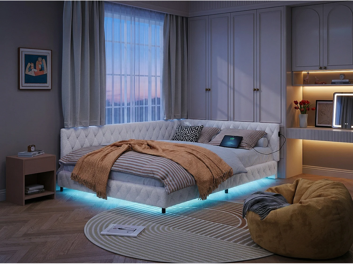 Lit coffre 140x200 cm LED RGB sous-lit, lit capitonné avec USB, sommier à lattes